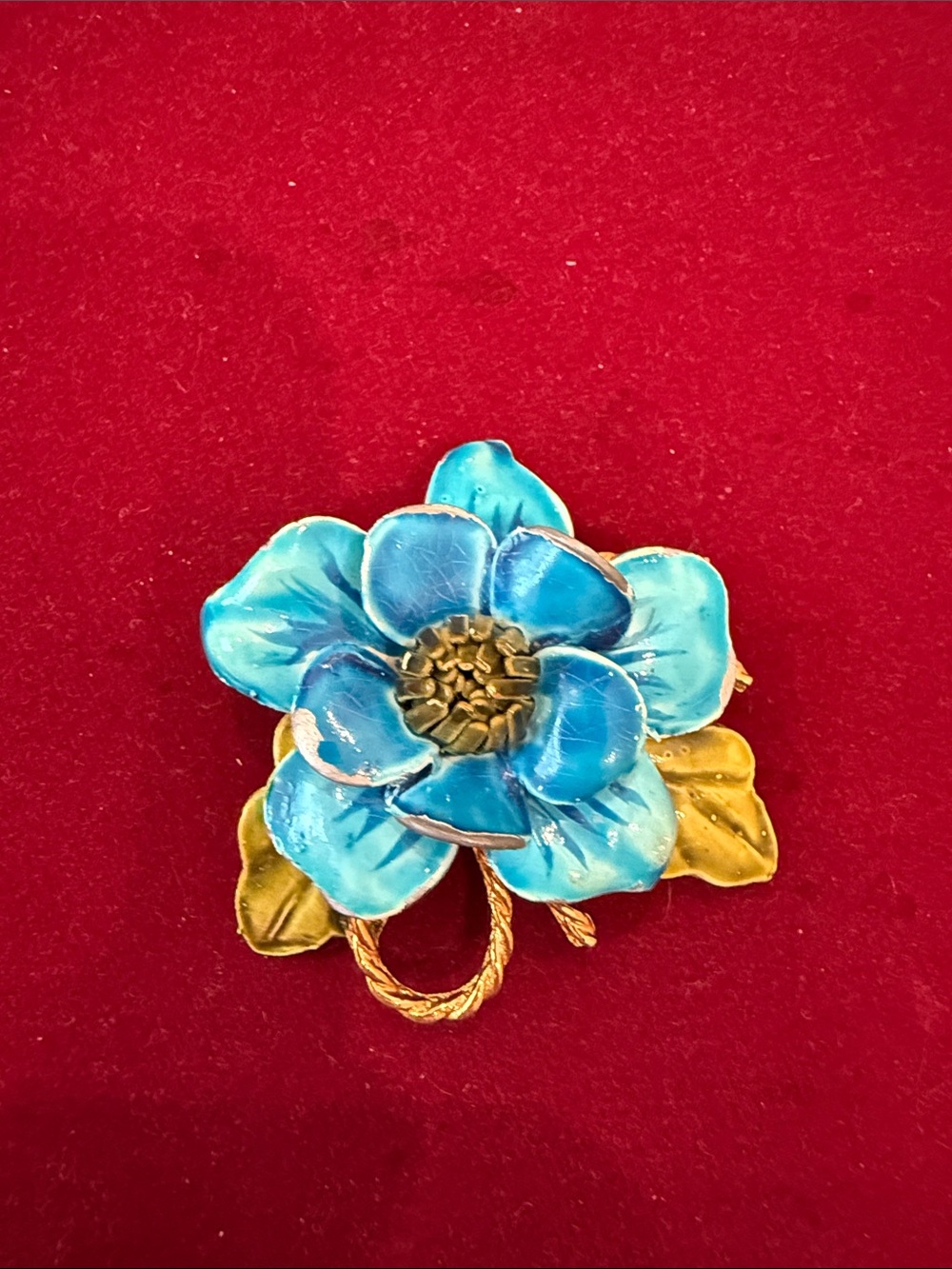 Coro Turquoise Blue Enamel Flower Brooch with Gold-Tone Leaves
